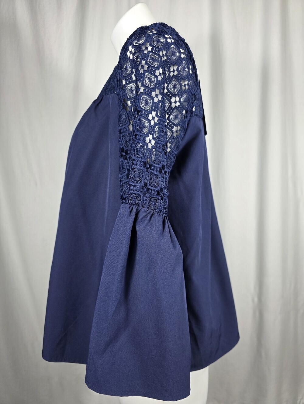 NWT Boutique Navy Blue Crochet Lace Bell Sleeve Blouse | Size L Boho Cottagecore - Picture 3 of 12